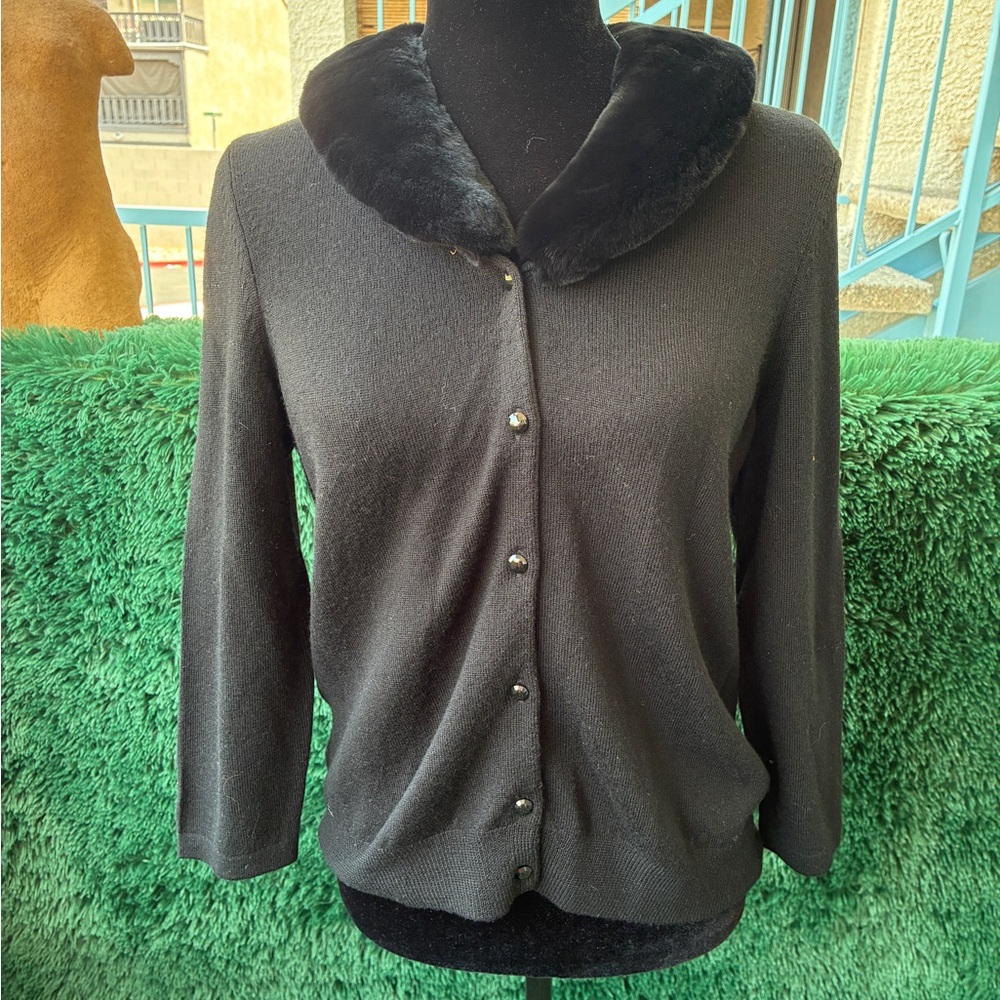 J. McLaughlin Medium Black Fur Trim Cardigan Sweater